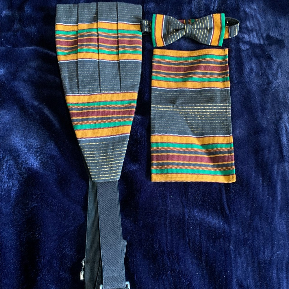 Striped Kente cloth Bow Tie, Pocket cloth and Cummerbund Set.